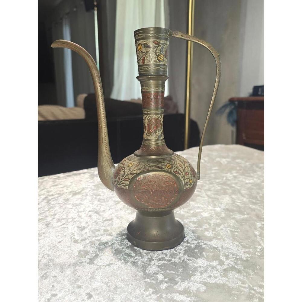 Vintage Solid Brass Teapot Genie Lamp Pitcher Made in India Tall Ornate Etched